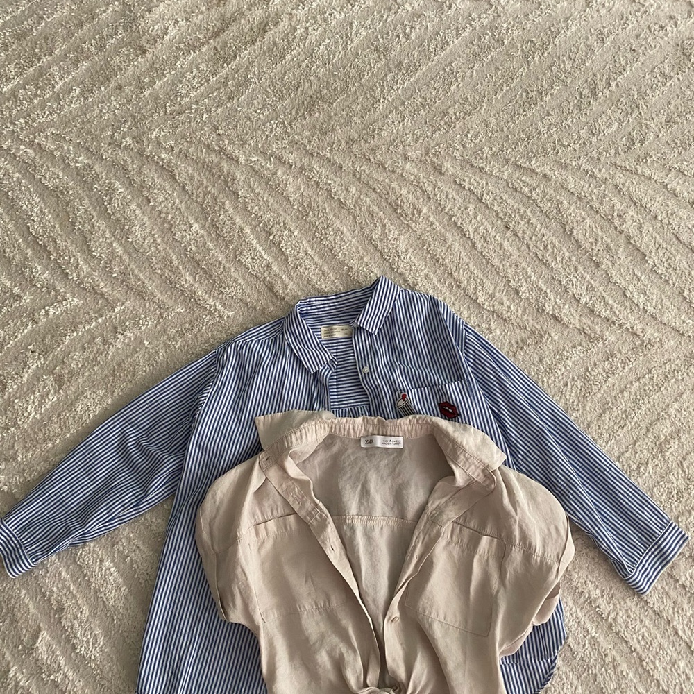 Zara Kids Blue Striped and Beige Shirt Set